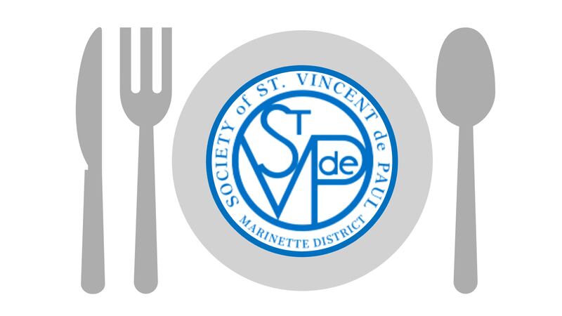 St. Vincent de Paul Society Marinette District logo on a dinner plate graphic.