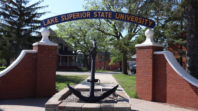 Lake Superior State University sign and anchor symbol.