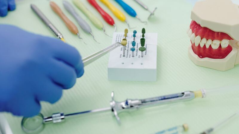 Dental office supplies and tools.
