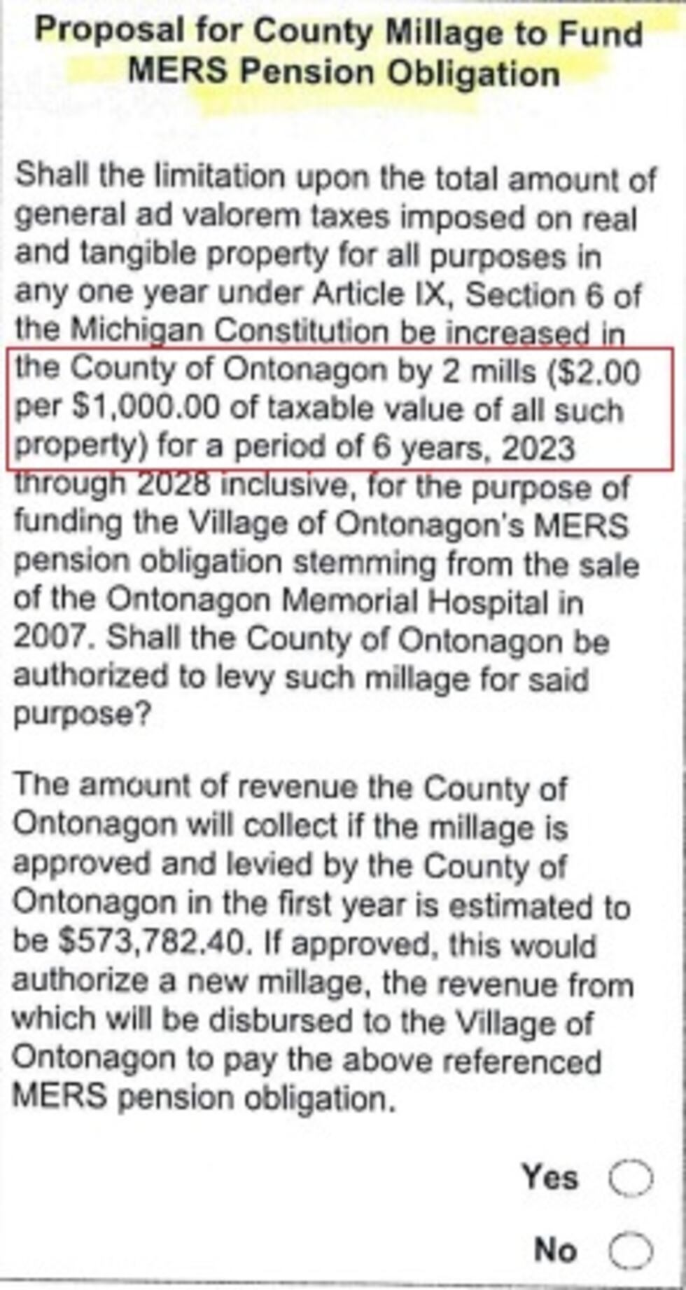 This millage is proposed countywide for Ontonagon county. It will be voted on by residents...