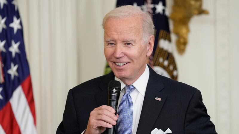 President Joe Biden speaks in the East Room of the White House to mayors who are attending the...
