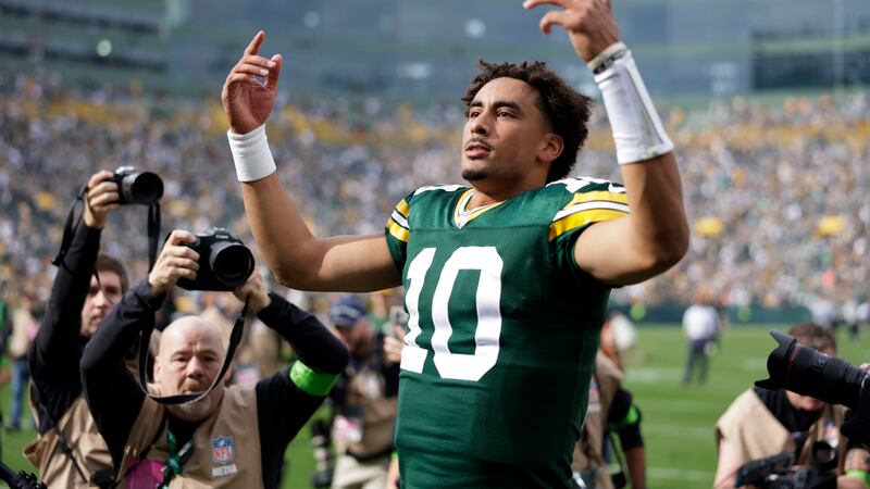 Green Bay Packers quarterback Jordan Love (10) celebrates after an NFL football game against...