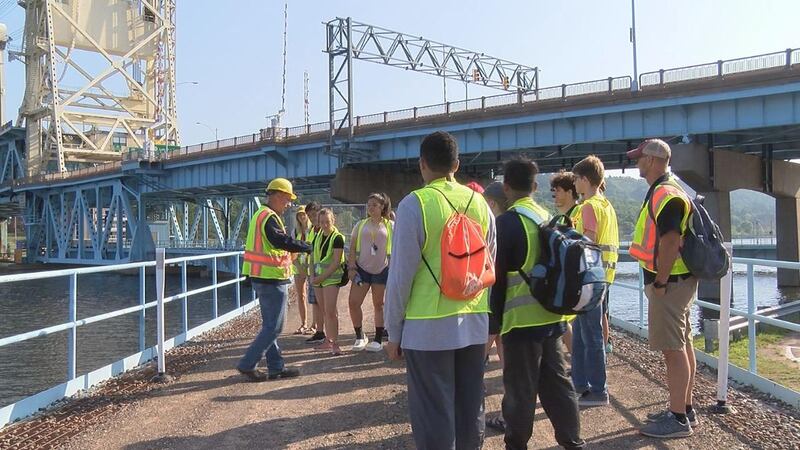Students start their tour of the Portage Canal Lift Bridge.