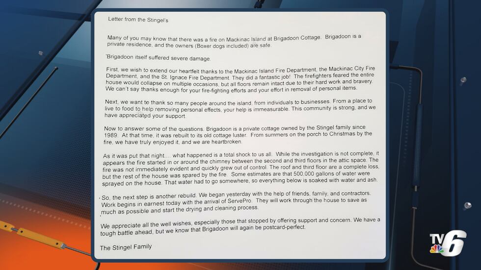Letter from the Stingel Family following the fire at the Brigadoon Cottage on Mackinac Island...